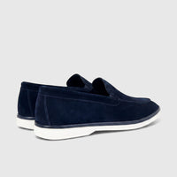 Formales Men's Leather Loafer FT268013 Navy FK68. A pair of navy blue suede loafers with white rubber soles, shown from a