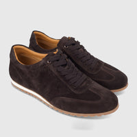 Pair of Formales Men's Leather Sneaker FW267030 in coffee brown suede, shown from a side angle on a white background.