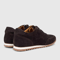 A pair of Formales Men's Leather Sneakers FW267030 in coffee brown suede, shown from a rear-quarter view on a white