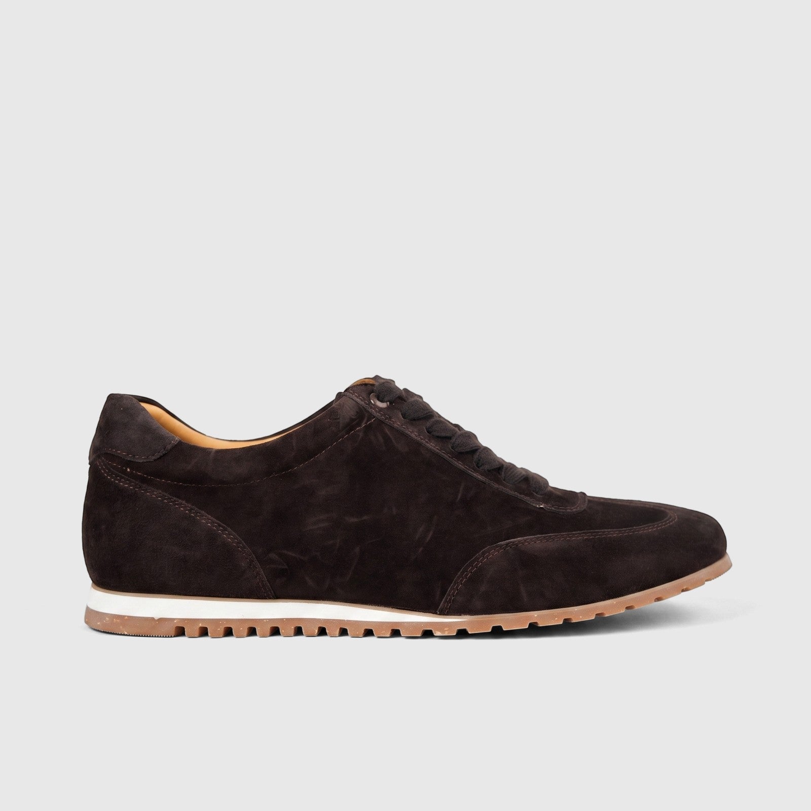 Formales Men's Leather Sneaker FW267030 in coffee brown suede, presented in a side profile view with white midsole and gum