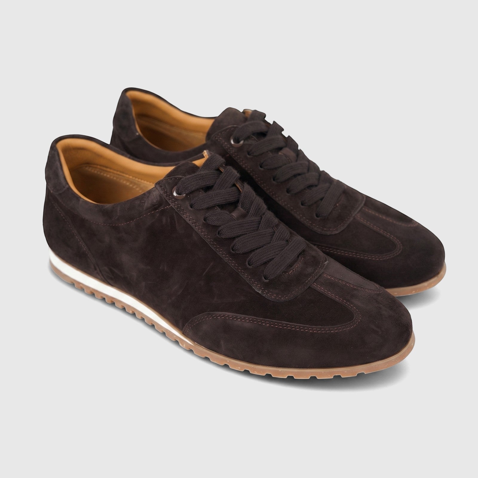 A pair of Formales Men's Leather Sneakers FW267030 in coffee brown suede, featuring dark laces and a white midsole.