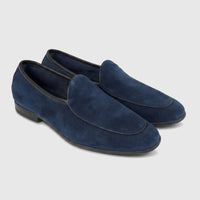 A pair of Formale's men's navy blue suede leather loafers, featuring a classic design with black trim, angled slightly right.