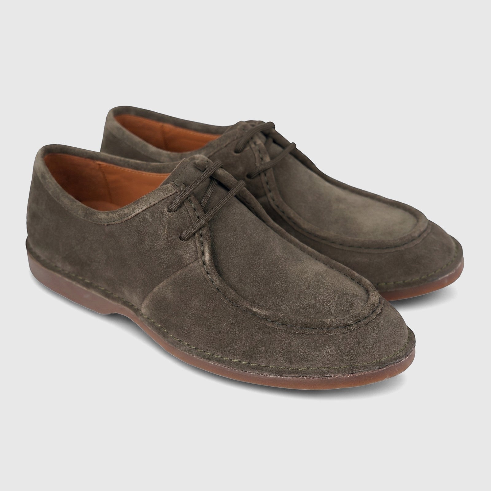 A pair of Formales Men's Suede Lace Up FD265013 Green FD29 shoes, dark olive green suede, with brown laces and rubber soles,