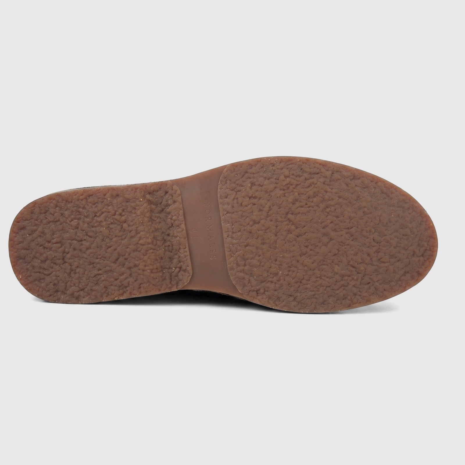 Underside view of a Formales men's suede lace-up shoe, highlighting the brown textured rubber sole with 'FORMALES 41'