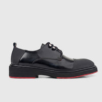 Formales Men's black leather lace-up shoes with a chunky sole, featuring red trim, captured in a clear side profile.