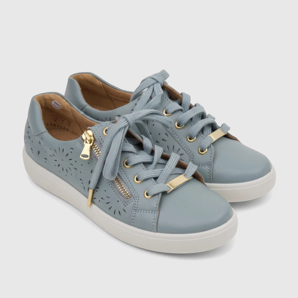 Hotter Ladies Comfort Wonder Sage perforated sneakers with gold zippers and white soles, angled view.