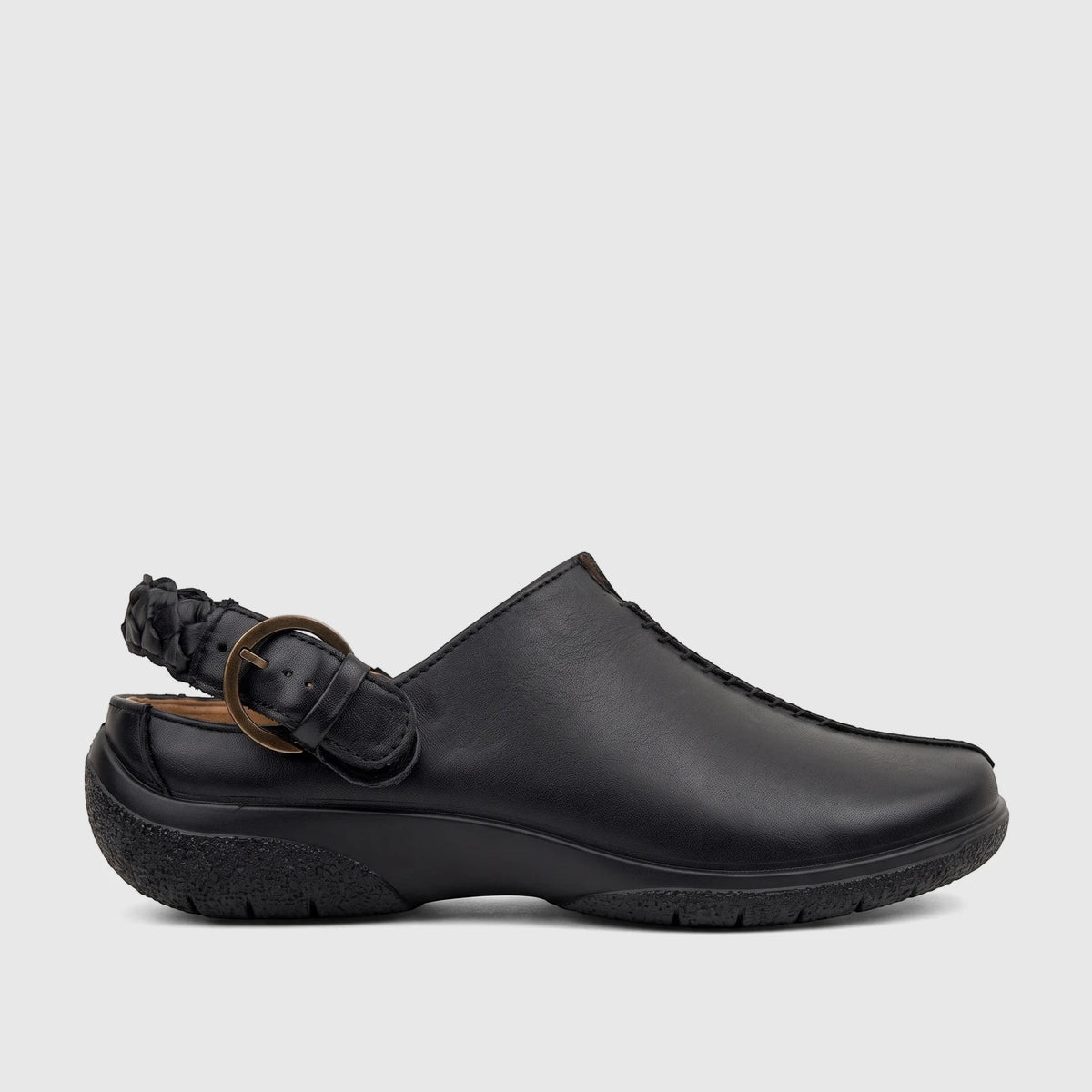 Hotter Ladies Comfort Clog in Magical Black Leather, with a braided back strap and antique brass buckle, seen in side