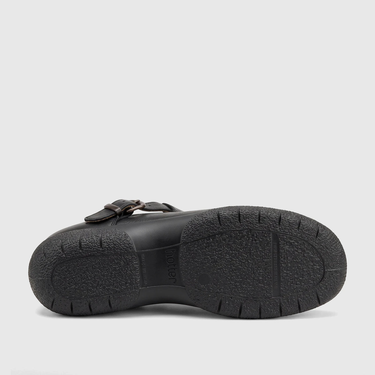 Hotter Ladies Comfort Clog Magical Black Leather HT116, viewed from the bottom showing the textured sole and brand name.