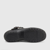 Hotter Ladies Comfort Clog Magical Black Leather HT116, viewed from the bottom showing the textured sole and brand name.
