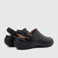 Hotter Ladies Comfort Clog in black leather, featuring a braided heel strap and metal buckle, viewed from the rear-side.