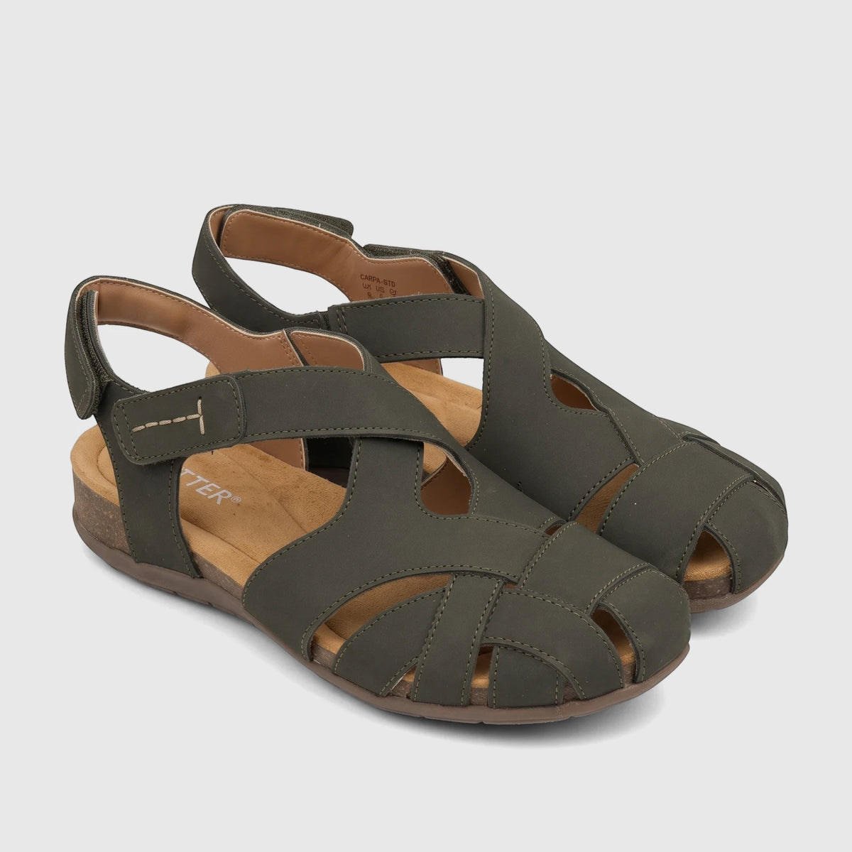 Khaki Hotter Ladies Comfort Fisherman Sandals Carpa HT109, featuring woven straps and an adjustable hook-and-loop ankle