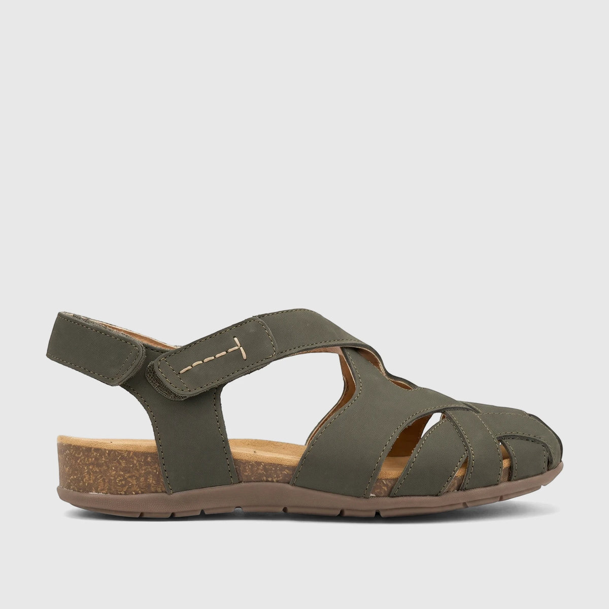Hotter Ladies Comfort Fisherman Sandal Carpa in khaki green, featuring a durable faux leather upper and a cork-inspired