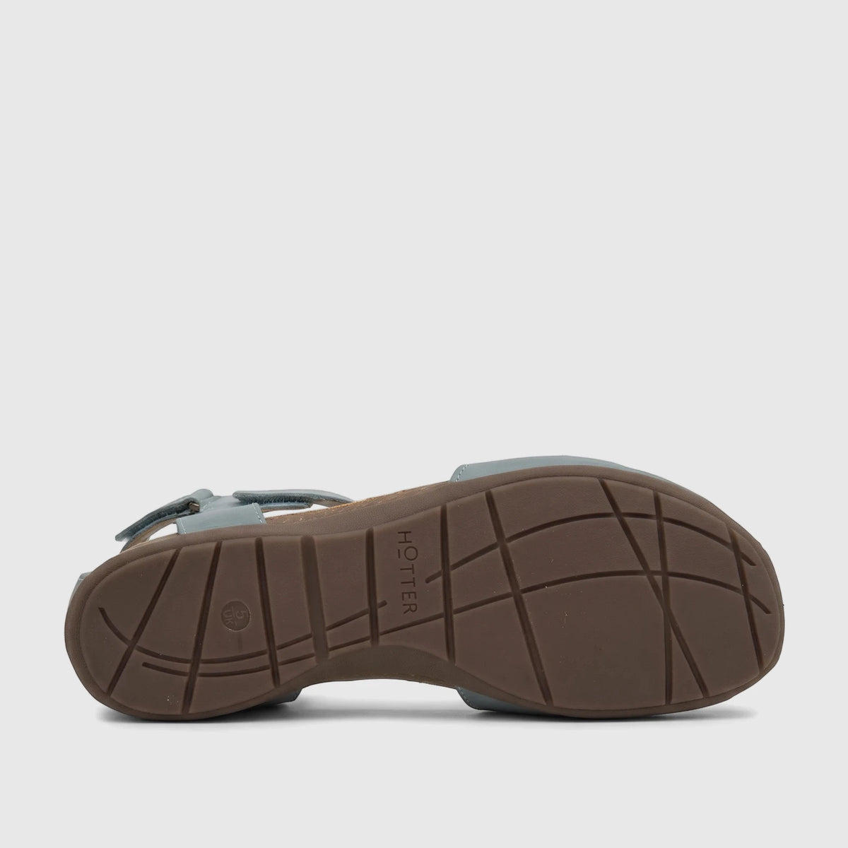 Light blue Hotter Ladies Comfort Fisherman Sandal Dinaric Sage HT110, with a patterned brown sole, presented in a bottom
