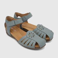 A pair of Hotter Ladies Comfort Fisherman Sandals in Dinaric Sage, featuring an adjustable hook-and-loop strap.