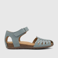 Side view of a Dinaric Sage Hotter Ladies Comfort Fisherman Sandal with leather upper, cutout details, and a cork wedge sole.