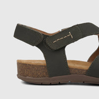 A close-up side view of a single Hotter Ladies Comfort Fisherman Sandal in khaki with a cork midsole and adjustable velcro
