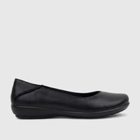 A single black Hotter Ladies Comfort Pump Birdie HT114 shoe, showcasing its smooth leather finish and comfort design from a