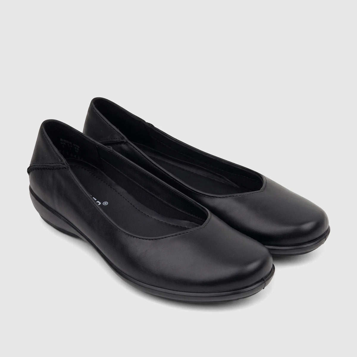 A pair of Hotter Ladies Comfort Pump Birdie Black shoes in a smooth leather-like finish, displayed side-by-side on a white