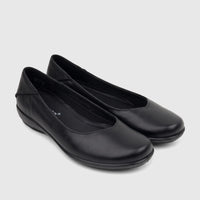 A pair of Hotter Ladies Comfort Pump Birdie Black shoes in a smooth leather-like finish, displayed side-by-side on a white