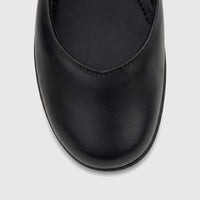 Close-up top view of a Hotter Ladies Comfort Pump Birdie shoe in black smooth leather, showing the toe and front.