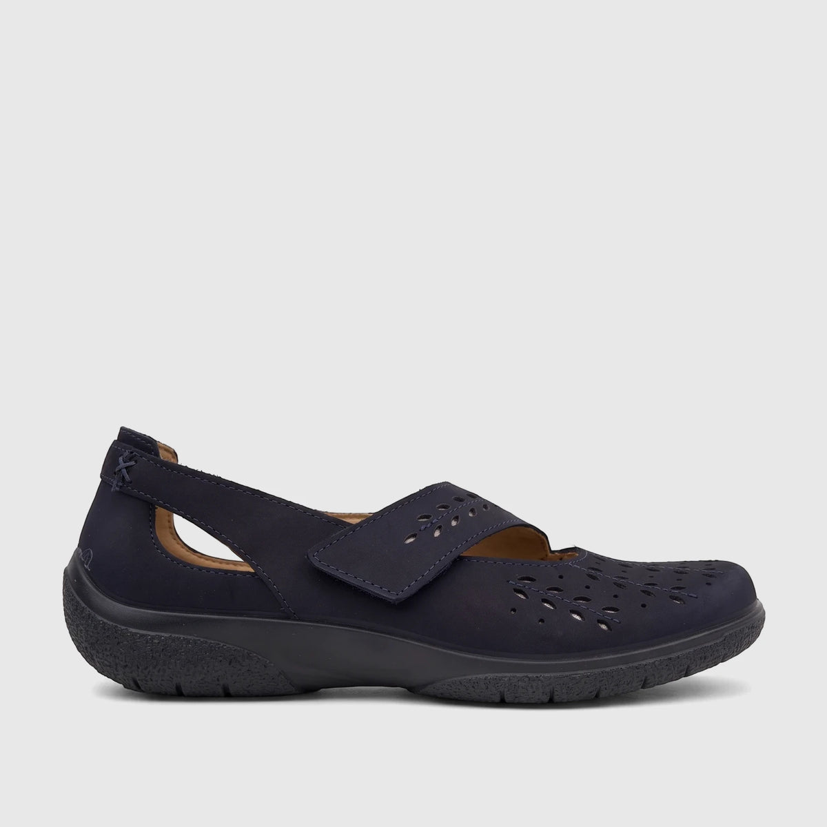 Navy blue Hotter Ladies Comfort Pump Daphne HT105 shoe, featuring perforated details and a hook-and-loop strap, shown in a