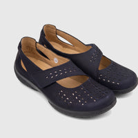 Two navy Hotter Daphne comfort pumps with perforated details and instep straps, shown in a side view.