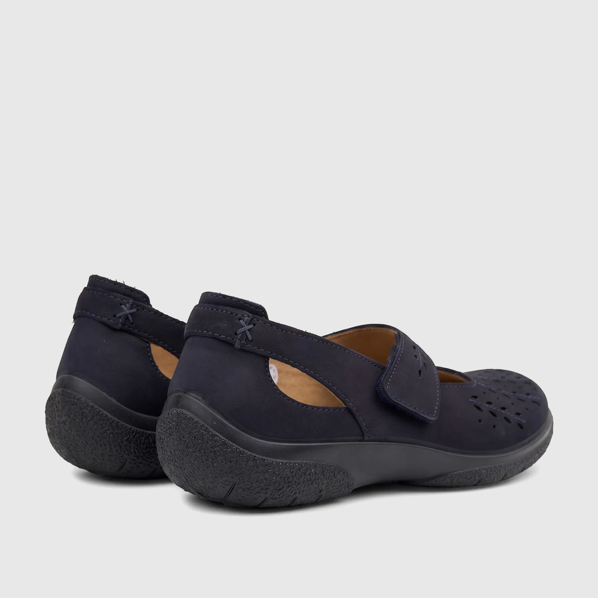 Hotter Ladies Comfort Pump Daphne Navy shoes in dark blue, featuring a comfort sole, cut-out details, and a hook-and-loop