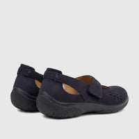 Hotter Ladies Comfort Pump Daphne Navy shoes in dark blue, featuring a comfort sole, cut-out details, and a hook-and-loop