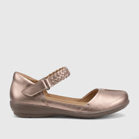 Hotter Ladies Comfort Pump Lake Rosegold HT115 comfort pump shoe, featuring a rose gold finish and braided strap.