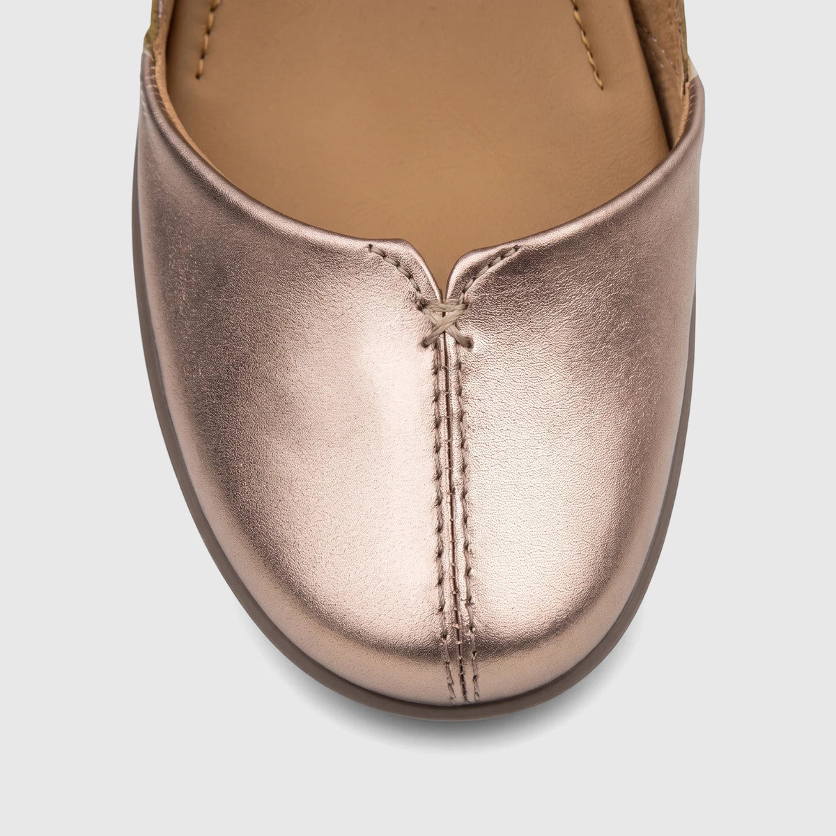 Close-up front view of a Hotter Ladies Comfort Pump Lake Rosegold HT115 shoe, featuring metallic rose gold finish and