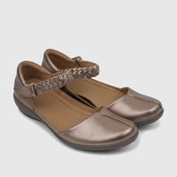 Pair of Hotter Ladies Comfort Pump Lake Rosegold HT115 shoes, featuring braided straps and a metallic finish, on a white