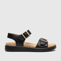 Hotter Ladies Comfort Sandal Corfu Black HT112, black leather with two gold buckles and a tan footbed, shown from a side