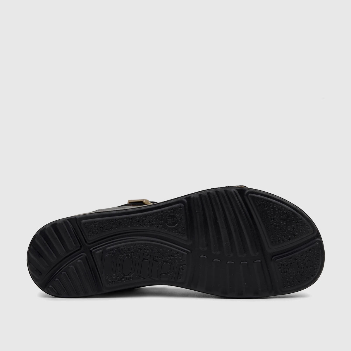 Hotter Ladies Comfort Sandal Corfu Black, featuring the textured sole and brand logo in a bottom view.