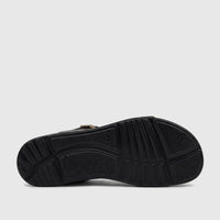 Hotter Ladies Comfort Sandal Corfu Black, featuring the textured sole and brand logo in a bottom view.