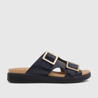 Hotter Ladies Comfort Sandal Corsica in navy blue with two gold buckles, featuring a slip-on design and comfort sole.