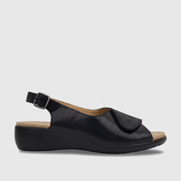 Black Hotter Ladies Comfort Sandal Olivia with textured upper, slingback strap, and wedge heel on a white background.
