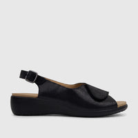 Black Hotter Olivia ladies comfort slingback sandal with a textured upper, adjustable ankle strap, and wedge heel, viewed