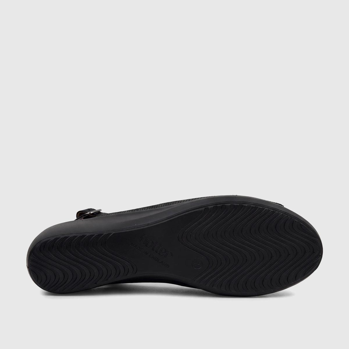 Black Hotter Ladies Comfort Sandal Olivia from a bottom-side view, showcasing the patterned sole and visible branding.
