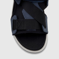 Close-up view of a single Hotter Ladies Comfort Sandal Pursue in aquatic blue with black textile straps and a black footbed.