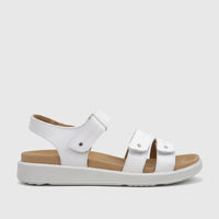 Side profile of a Hotter Ladies Comfort Sandal Venice White, featuring a white leather upper with adjustable velcro straps