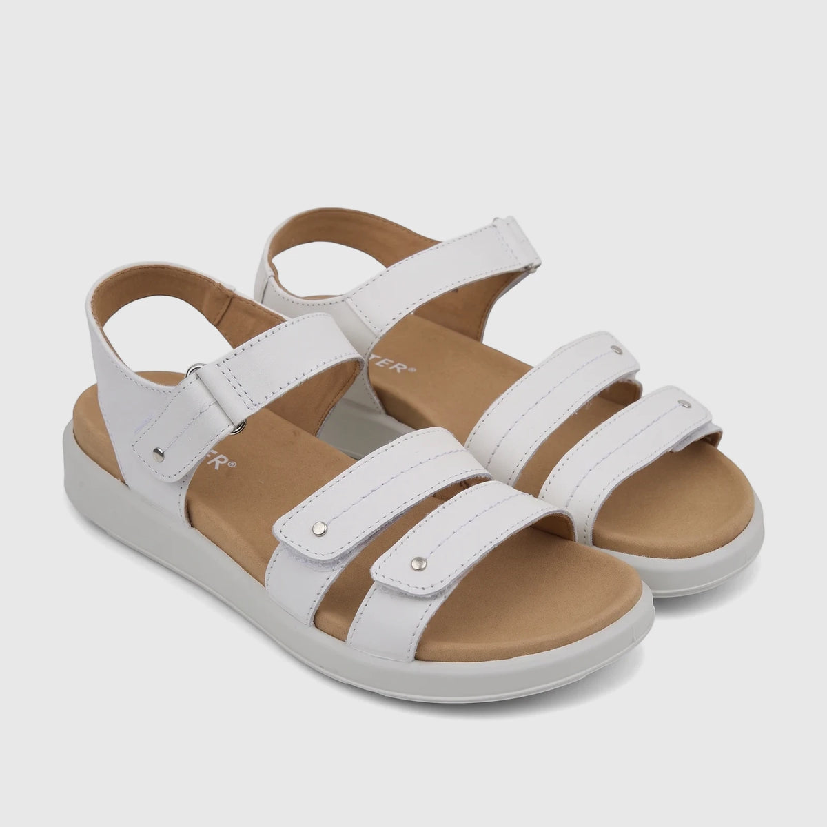 Hotter Ladies Comfort Sandal Venice White HT111, white leather-look adjustable strap sandals with brown footbed, pair view.