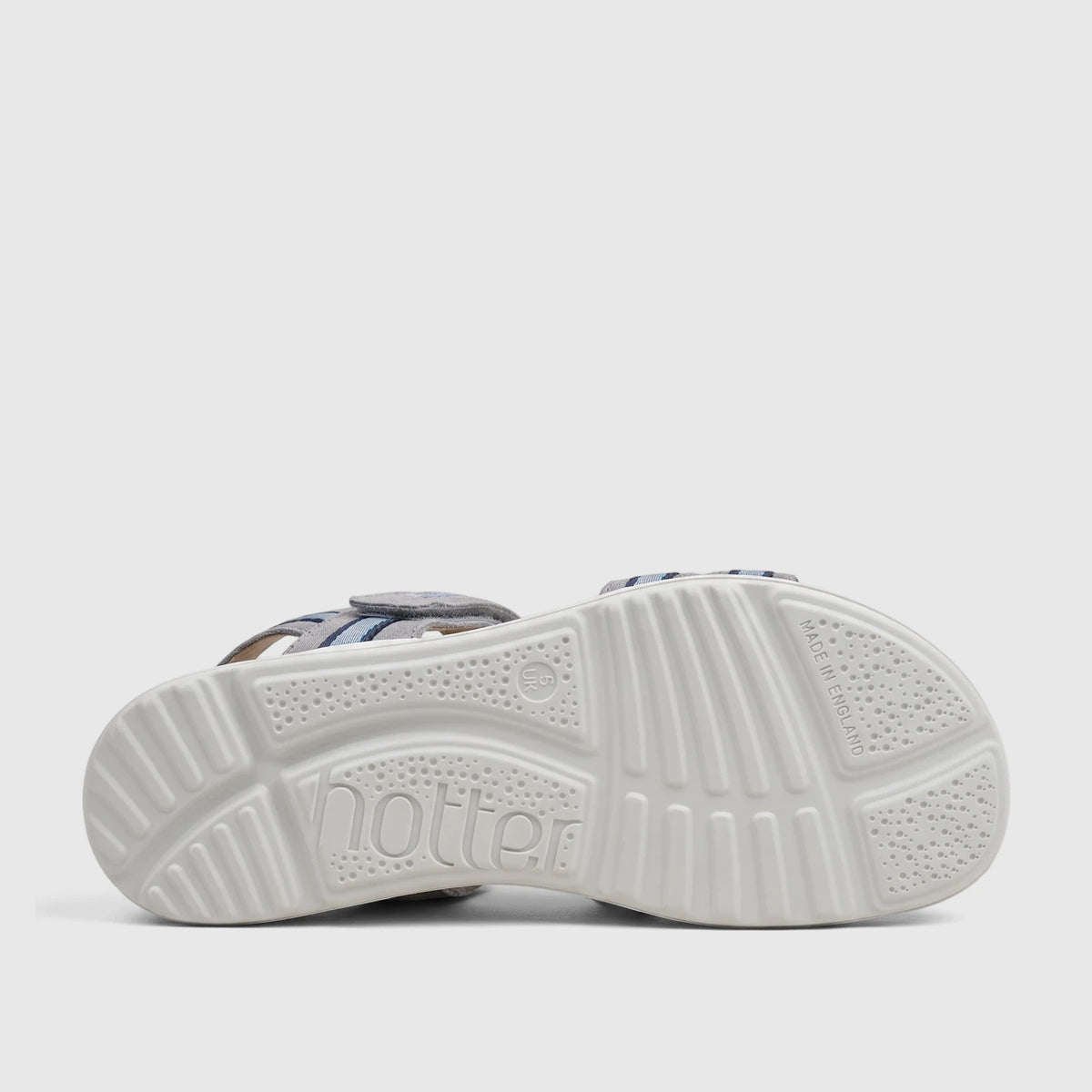 Hotter Ladies Comfort Sandal Venice White HT111, showcasing the sole with textured grip, branding, and 'Made in England'