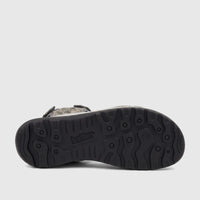 Hotter Ladies Comfort Sandal Walk 2 in khaki/floral. Bottom view showing the black rubber sole with tread patterns and