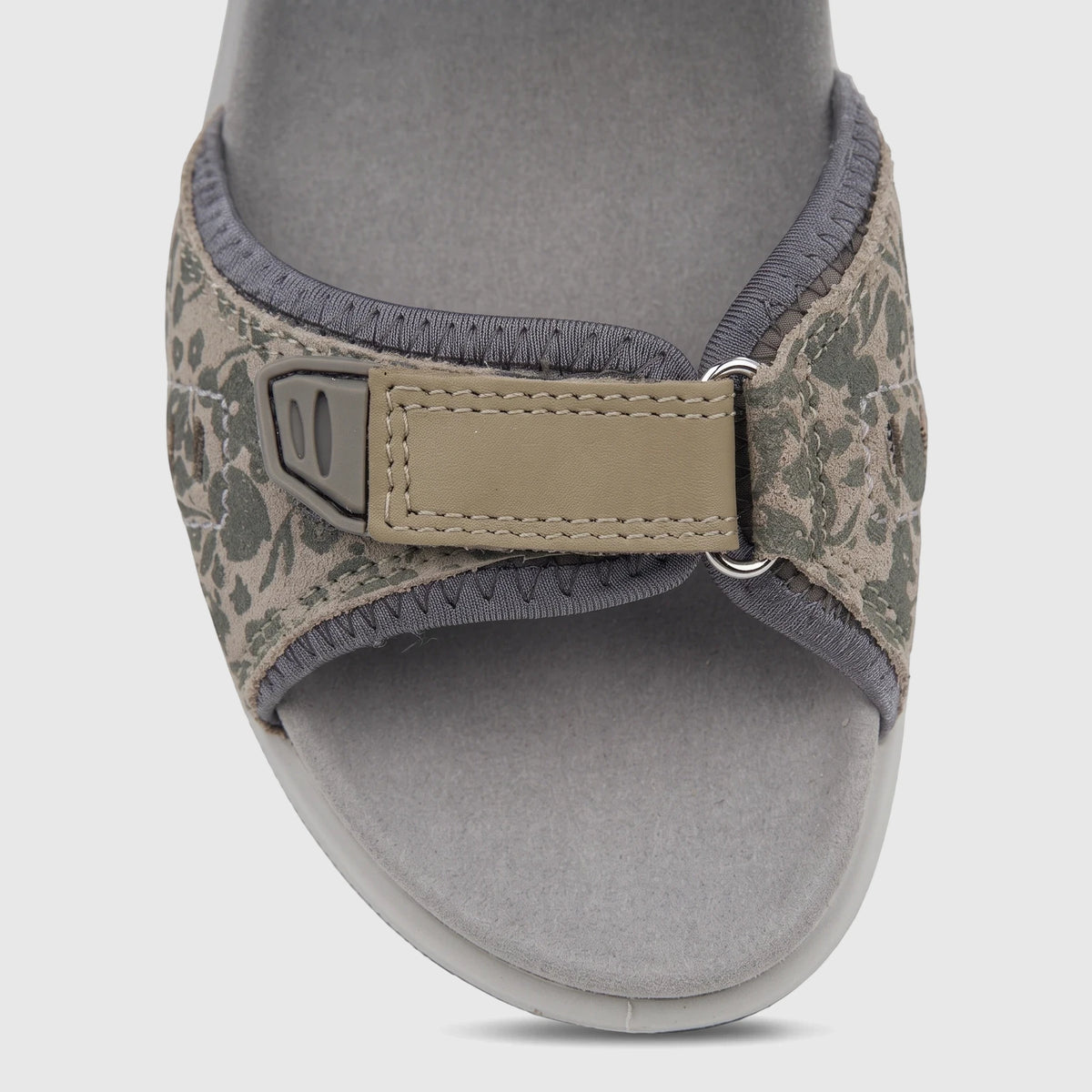Hotter Ladies Comfort Sandal Walk 2 in khaki/floral fabric with grey sole, viewed from above-front.
