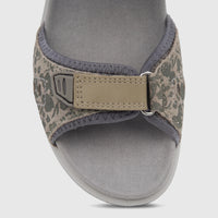 Hotter Ladies Comfort Sandal Walk 2 in khaki/floral fabric with grey sole, viewed from above-front.