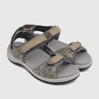 A pair of Hotter Ladies Comfort Walk 2 sandals in khaki with a floral pattern and grey adjustable Velcro straps.