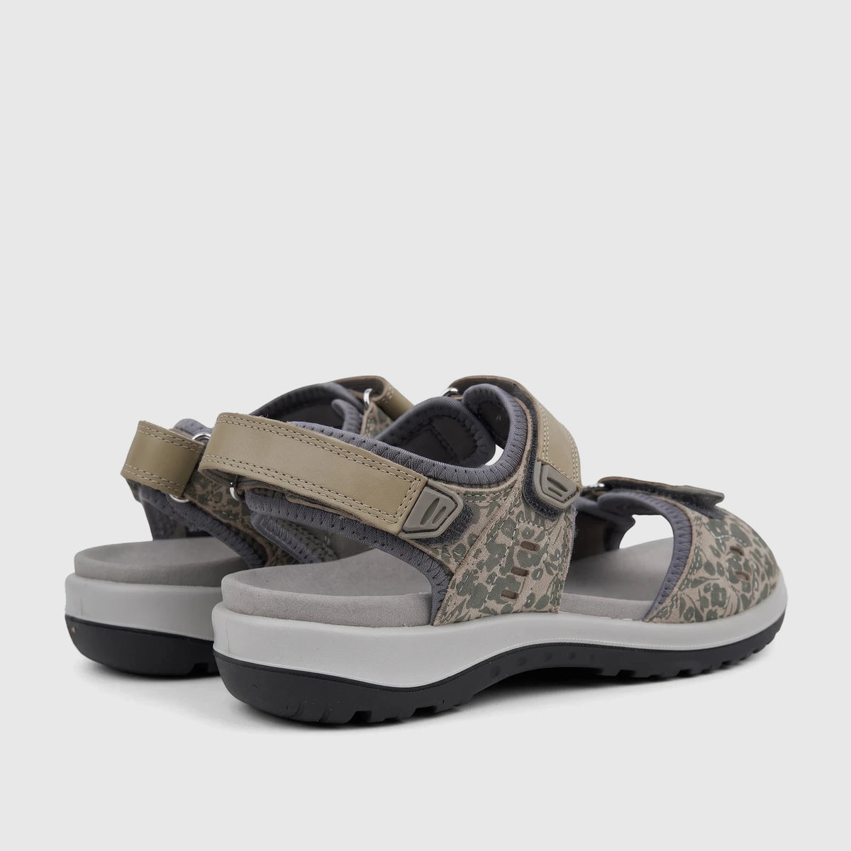 Pair of Hotter Ladies Comfort Walk 2 sandals in khaki with a floral pattern and gray soles, side view.