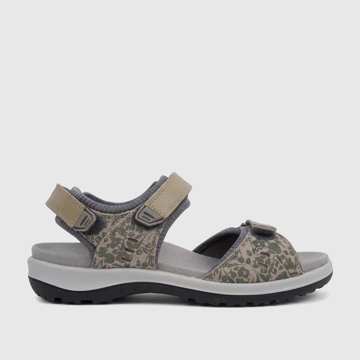 A women's Hotter Walk 2 comfort sandal in khaki with a floral pattern, shown from the side view.