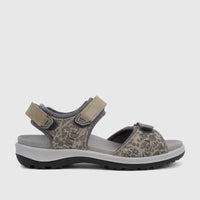 A women's Hotter Walk 2 comfort sandal in khaki with a floral pattern, shown from the side view.