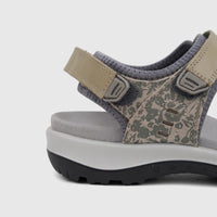 A close-up side view of a Hotter Ladies Comfort Sandal Walk 2 in khaki and floral pattern, featuring adjustable straps and a